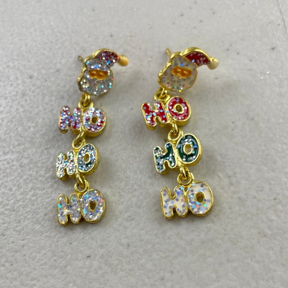 Vintage Ho Ho Ho Earrings Santa Glittery Pierced Dangling Holiday Christmas Gift - Picture 1 of 2